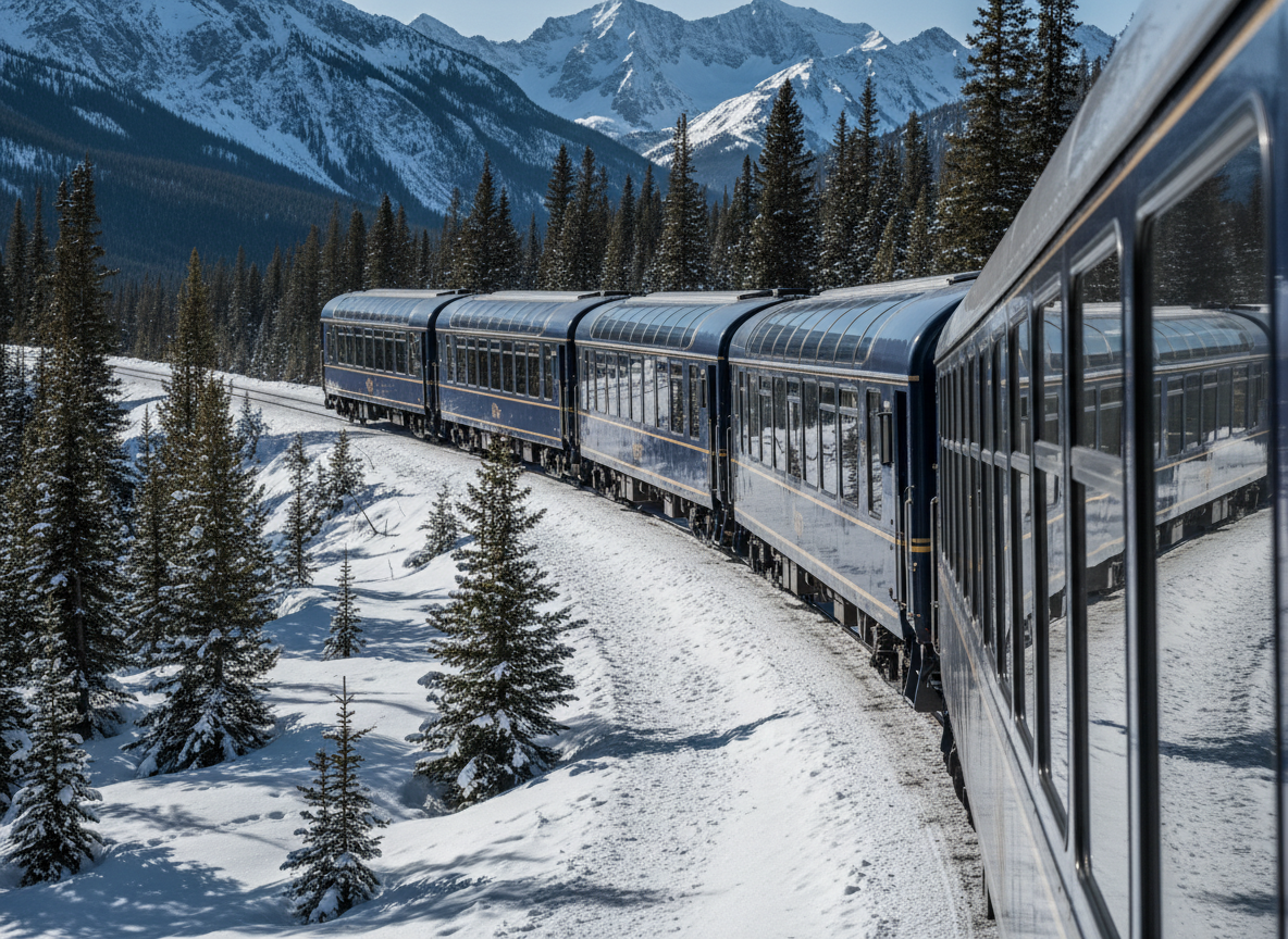 A sophisticated alpine travel moment showcasing a premium glass-domed observation train gliding along tracks that curve gently through snow-dusted mountains. The train’s glossy navy and silver exterior reflects the surrounding peaks and evergreen forests under clear, crisp midday light. Photographed from a three-quarter elevated angle, the composition highlights the sweeping panoramic windows, with a shallow depth of field subtly softening distant ridgelines. The atmosphere is serene, cool, and refined, evoking curated journeys through dramatic landscapes. Soft sunlight creates precise, clean shadows on the snow, emphasizing texture and elevation. The overall photographic realism and professional color grading—cool blues, fresh whites, and deep greens—convey a sense of organized, comfortable adventure, perfect for illustrating carefully planned scenic rail tours.