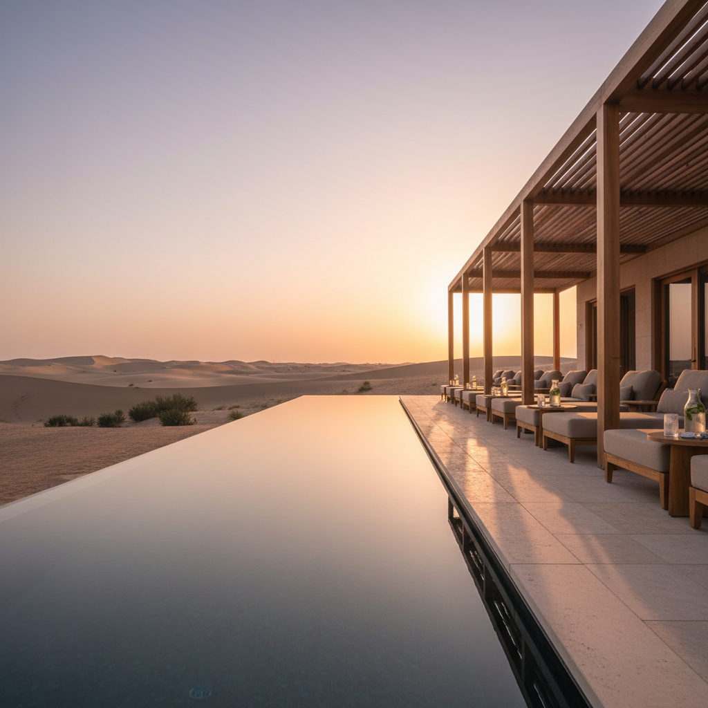 A tranquil, high-end desert retreat setting with a narrow infinity pool stretching toward distant dune silhouettes under a soft, pastel sunset sky. The water’s surface is mirror-smooth, reflecting warm oranges and cool violets, bordered by meticulously aligned sandstone tiles. On the right, a shaded pergola with clean-lined wooden beams shelters a neatly arranged cluster of plush, beige loungers and side tables with carafes of infused water. Photographed in photographic realism from a low, wide-angle position, the pool leads the viewer’s gaze toward the horizon. The lighting is gentle and cinematic, with golden hour glow outlining architectural edges and creating long, elegant shadows. The mood is serene, exclusive, and contemplative, ideal for showcasing curated desert escapes and luxury tours focused on relaxation and scenery.