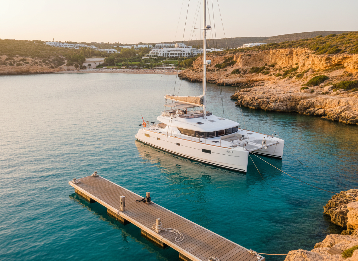 A luxurious coastal travel scene featuring a pristine turquoise bay framed by rugged, sun-kissed cliffs and a perfectly maintained white catamaran anchored in crystal-clear water. The boat’s polished deck and stainless-steel railings gleam in the golden hour sunlight, casting crisp reflections across the gentle ripples. In the foreground, a wooden jetty with neatly coiled ropes leads the viewer’s eye toward the vessel, captured from a slightly elevated, wide-angle perspective in photographic realism. The background shows terraced greenery and a distant, refined beachfront resort. The mood is serene yet aspirational, emphasizing exclusivity and curated experiences. Soft, warm light and balanced composition create a professional, brochure-ready image that feels both inviting and impeccably organized, ideal for promoting premium coastal tours.
