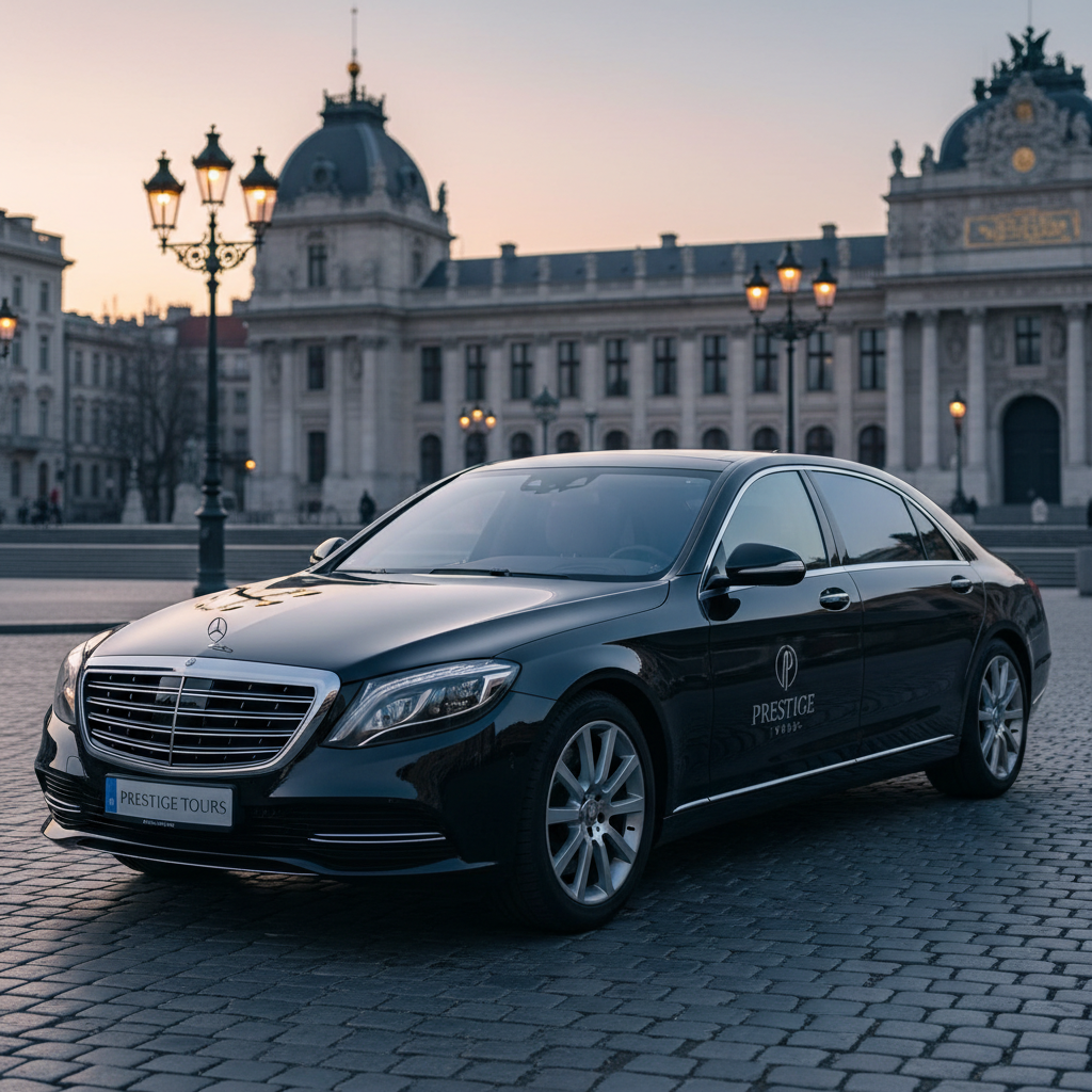 A polished urban tour scene at dawn featuring an immaculate black chauffeured sedan parked beside a historic European square. The car’s glossy surface reflects cobblestone textures, ornate stone facades, and the first soft pink hues of the morning sky. Elegant streetlamps, still glowing faintly, cast subtle pools of warm light that meet the cool ambient daylight, creating a refined contrast. The composition, shot in photographic realism from a low angle near the front wheel, emphasizes the vehicle’s sleek lines while keeping the grand architecture softly in focus behind. Fine details—clean chrome trim, pristine tires, and discreet branding on the door—convey professionalism and premium service. The mood is composed and anticipatory, suggesting the beginning of a precisely organized city tour.