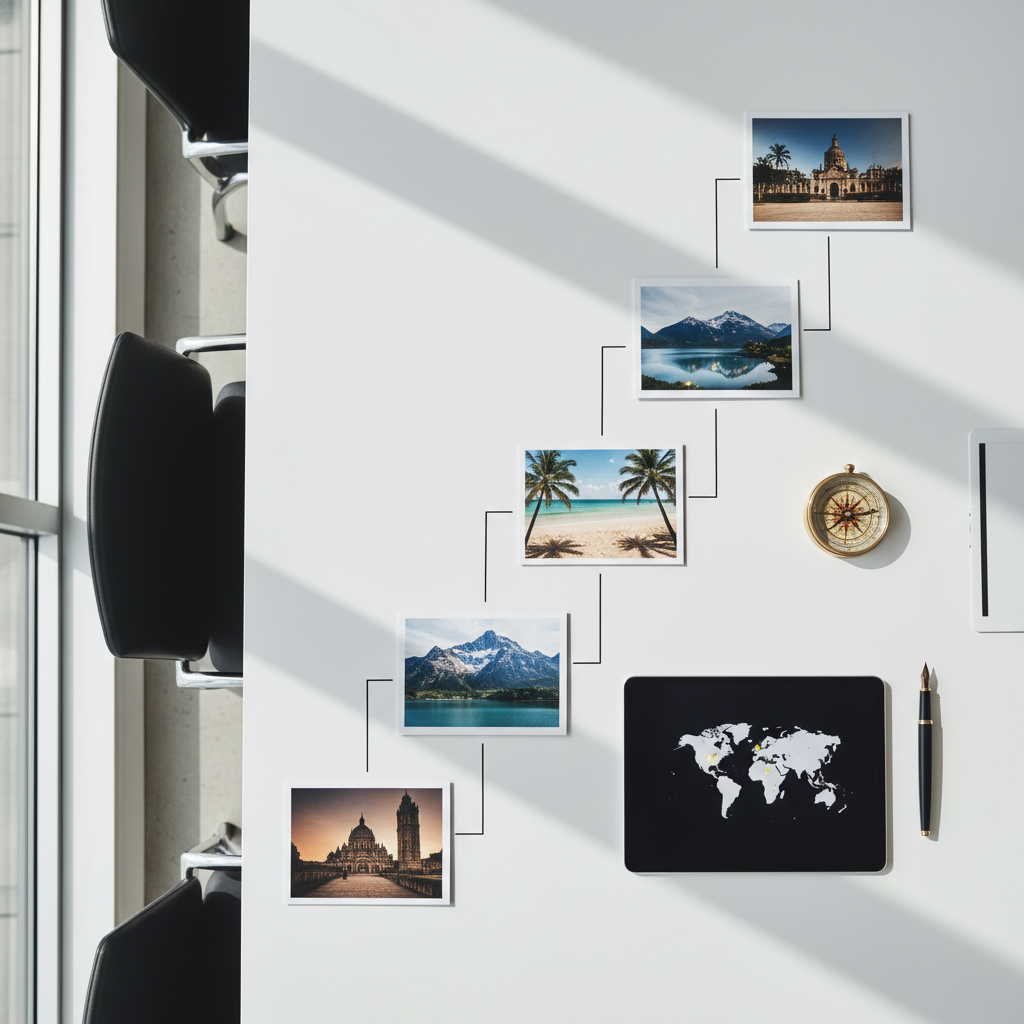 A carefully curated, multi-destination itinerary storyboard laid out on a long, matte white table in a modern travel office. High-quality printed cards show photographic thumbnails of iconic landscapes—tropical beaches, historic cities, tranquil mountains—arranged in a deliberate sequence with slim black lines connecting them like a journey path. A refined brass compass, a slim black fountain pen, and a minimalist digital tablet displaying a map rest nearby. Natural daylight from a large side window gently washes across the table, creating soft, directional shadows that accentuate the layered paper edges. Shot from a directly overhead, bird’s-eye view in crisp photographic realism, the composition is clean, geometric, and highly organized. The mood is confident and professional, emphasizing structure, planning, and the promise of seamless, memorable tours.