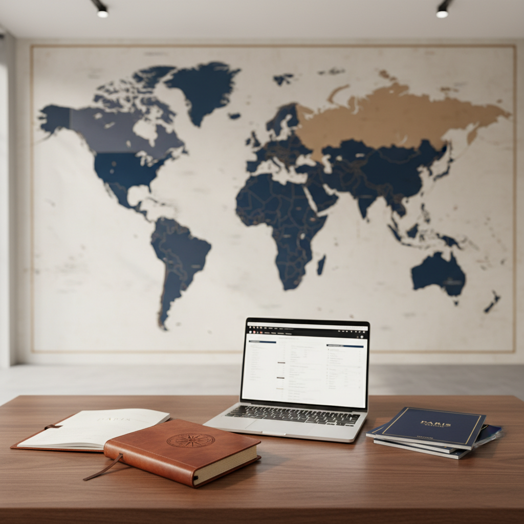 An elegant world map mural in muted deep blues and warm neutrals spans a wall in a minimalist travel planning studio. On a walnut desk in the foreground lie a leather-bound travel journal embossed with a compass, a slim silver laptop displaying a blurred itinerary page, and a small stack of refined, navy-and-gold tour brochures labeled with subtle city names. Soft overhead studio lighting and diffused window light combine to create even, flattering illumination with delicate shadows along the journal’s textured cover. Photographic realism at an eye-level angle emphasizes clear, organized surfaces, conveying professionalism and precision. The atmosphere feels composed and trustworthy, perfect for showcasing curated tours and tailored itineraries, with a balanced composition that leaves negative space for overlay text.